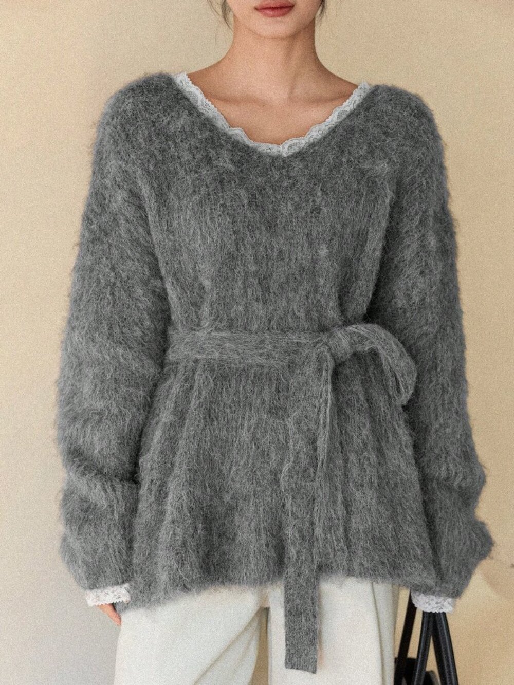 Grey Casual Women's V-Neck Long Sleeve Loose Fuzzy Sweater